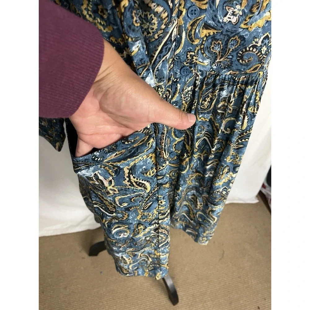Garnet Hill Women's Size 10‎ Drop Waist Button Up Long Sleeve Teal Paisley Dress